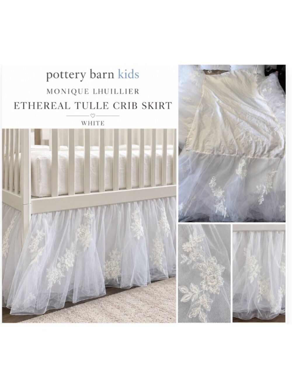 POTTERY BARN Kids MONIQUE LHUILLIER Ethereal Tulle White Lace Crib Skirt Flowers
